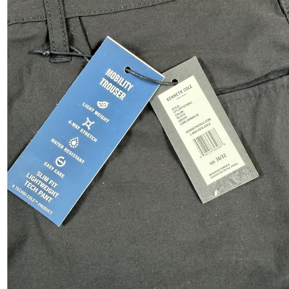 Kenneth Cole New York Mens Mobility Trouser Slim Fit Tech Pant Black 36x32 NWT